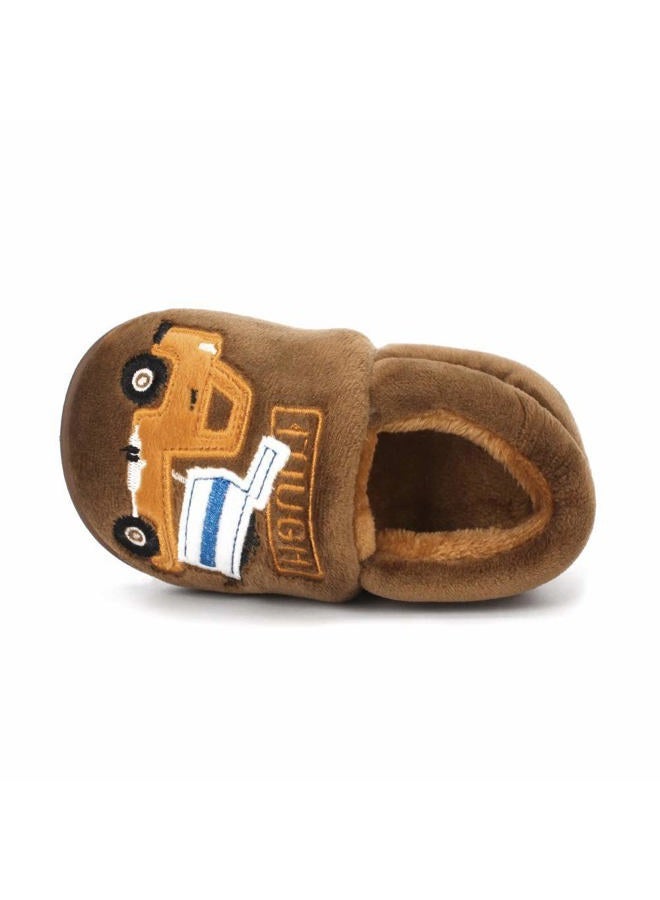 Estamico Boys Girls Warm Slippers Cartoon Truck Kids Winter Indoor Household Shoes, Brown 13.5-14 Little Kid - Image 3