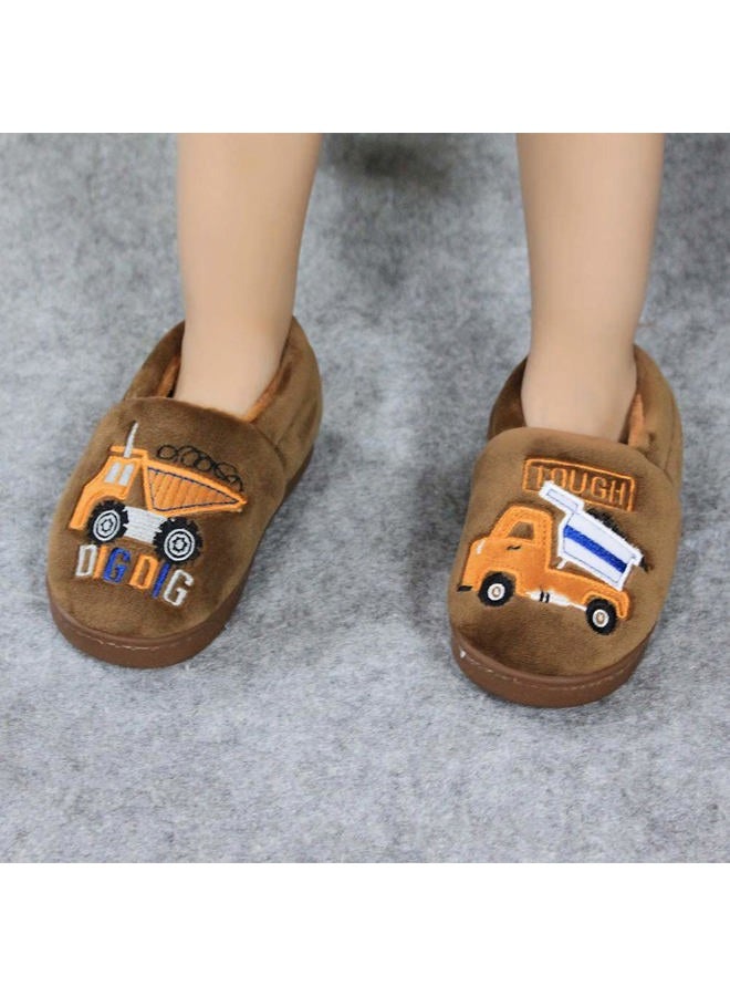 Estamico Boys Girls Warm Slippers Cartoon Truck Kids Winter Indoor Household Shoes, Brown 13.5-14 Little Kid - Image 5