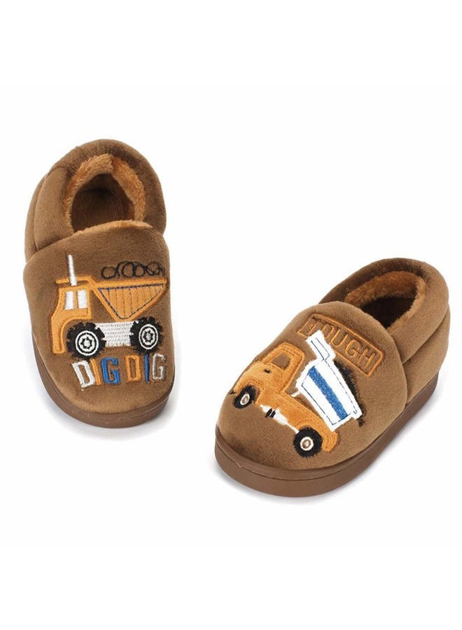 Estamico Boys Girls Warm Slippers Cartoon Truck Kids Winter Indoor Household Shoes, Brown 13.5-14 Little Kid - Image 2
