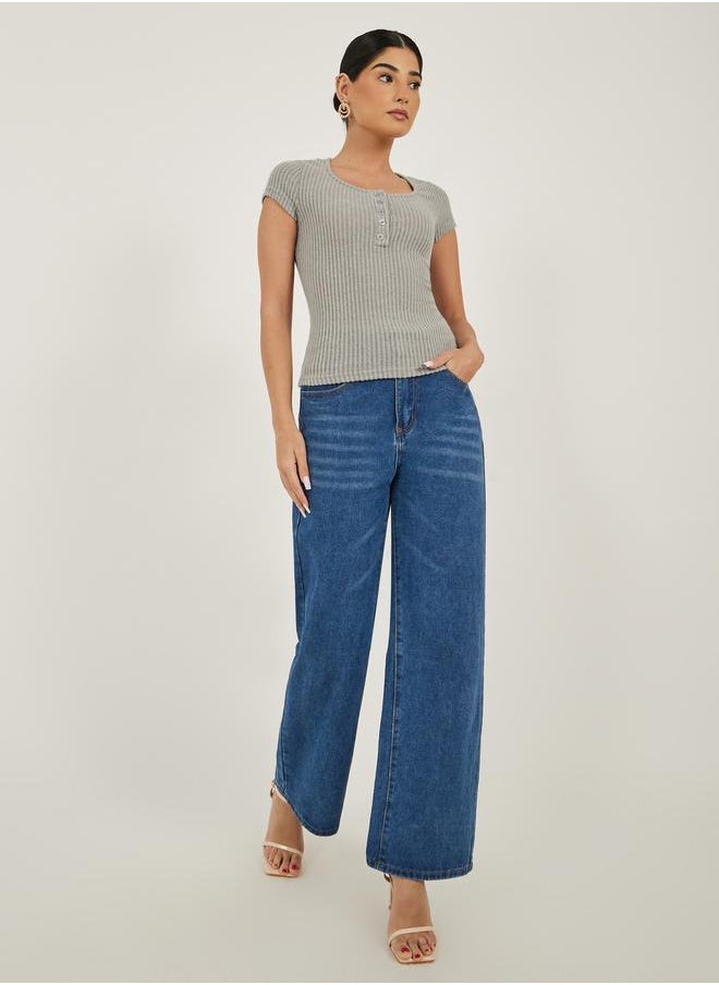 Styli - Textured Short Sleeve Ribbed Knit T-Shirt - Image 1