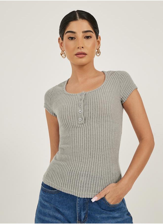 Styli - Textured Short Sleeve Ribbed Knit T-Shirt - Image 1