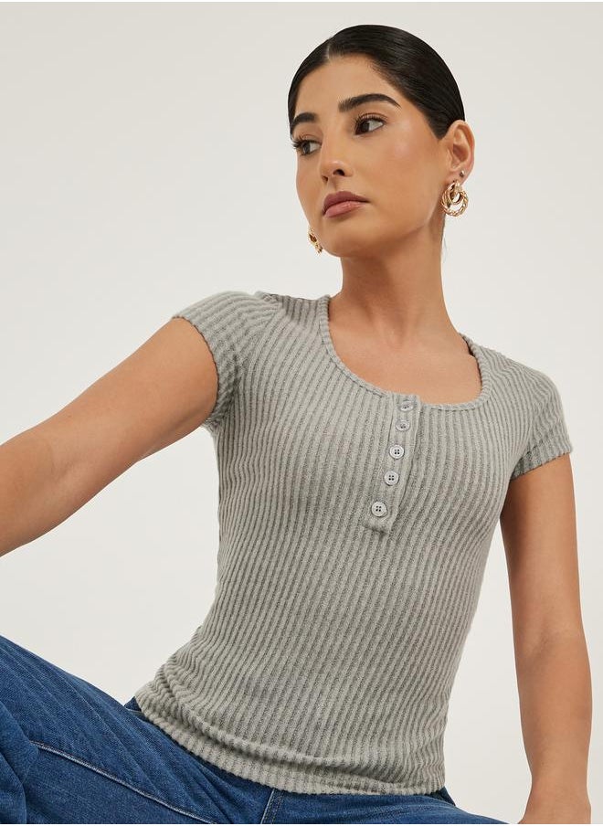Styli - Textured Short Sleeve Ribbed Knit T-Shirt - Image 1