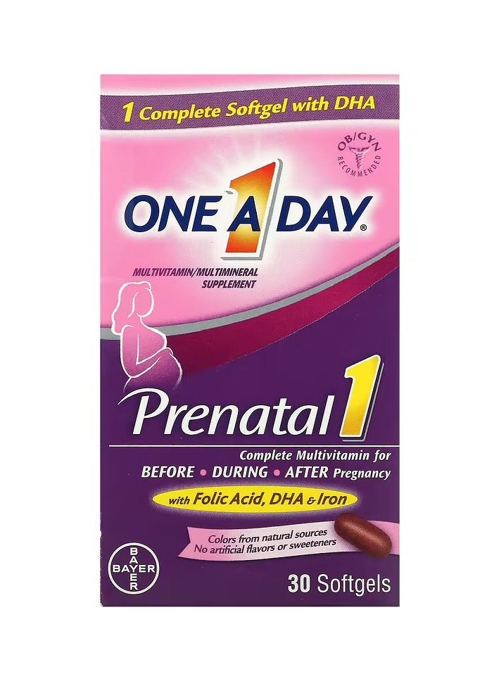 ONE A DAY Prenatal 1 with Folic Acid DHA & Iron Multivitamin/Multimineral Supplement 30 Softgels - Image 1