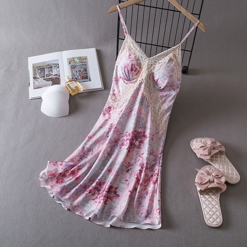 Qi Ta Women's Satin Silk Cami Nightdress with Lace & Built-in Bra - Thin Ice Silk Sleepwear for Spring Summer - Image 1
