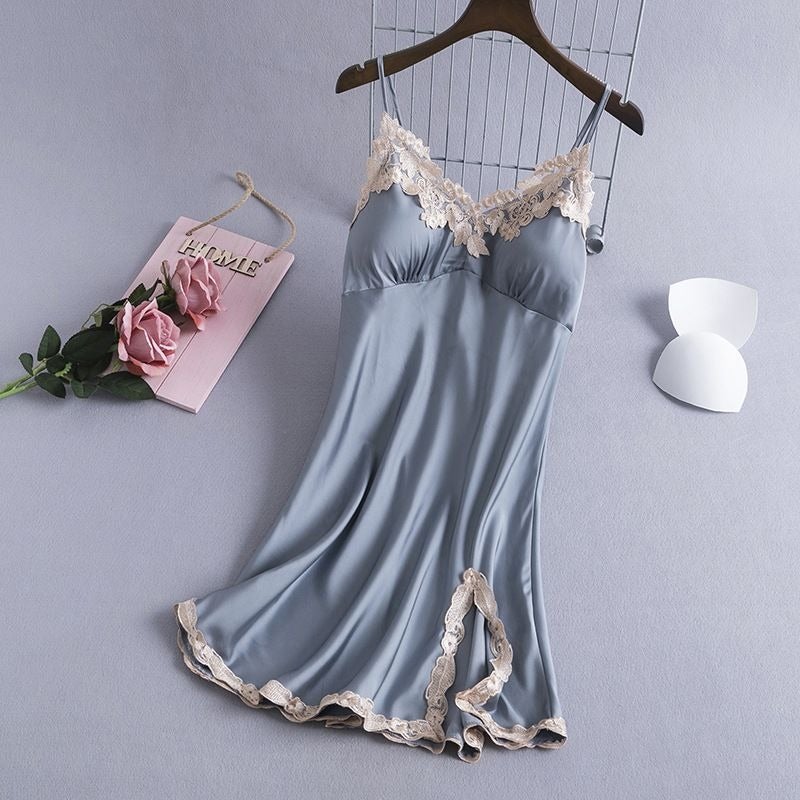 Qi Ta Women's Satin Silk Cami Nightdress with Lace & Built-in Bra - Thin Ice Silk Sleepwear for Spring Summer - Image 2