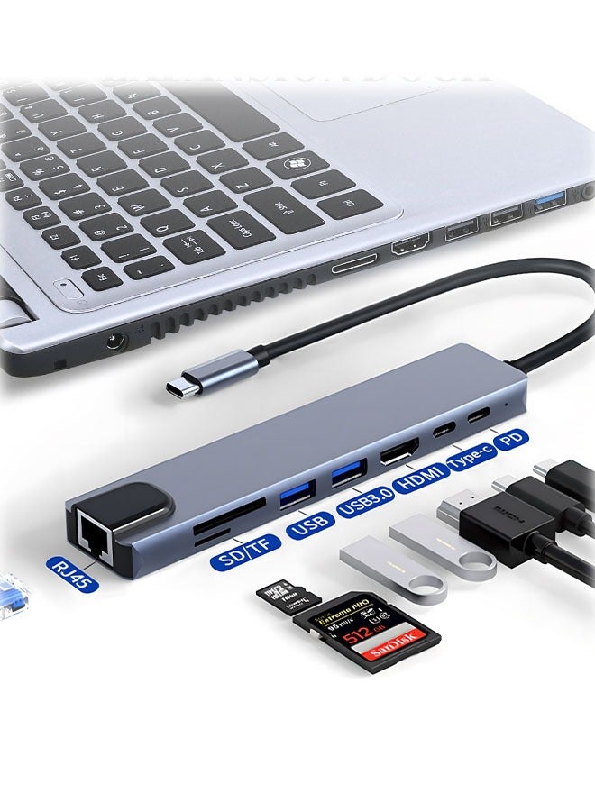 8 in 1 USB C HUB Adapter 4K HD Network Hub 100W PD Port RJ45 Ethernet, SD/TF Card Reader, Docking Station Compatible with MacBook Pro/Air USB C Laptops and TV - Image 1