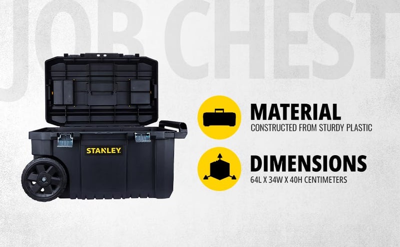 STANLEY STST180150 Essential Tool Chest With Removable Tray For Organized Storage 30 Kg Weight Capacity Geometric Metal Latches 7 Wheels For PortabilityDurable Telescopic Handle 44x333x119 cm - Image 2