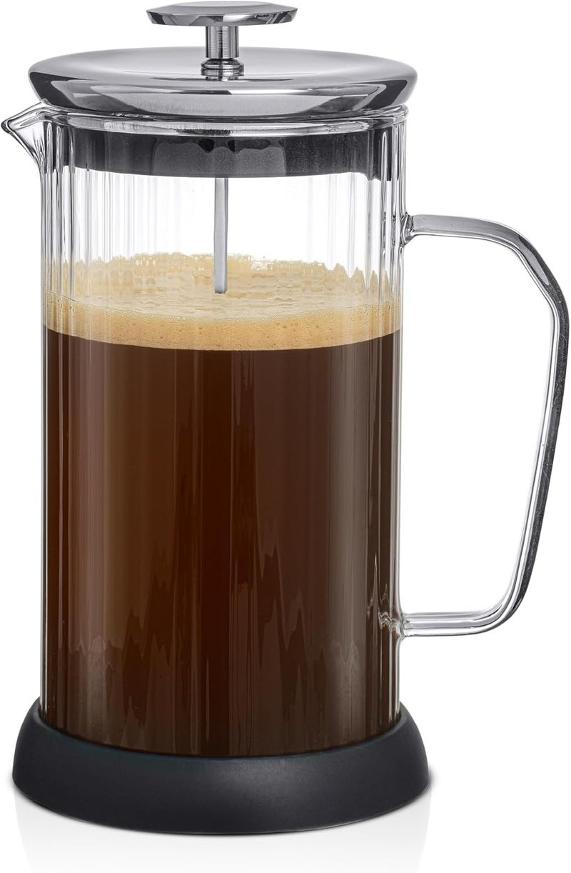 JoyJolt Fluted French Press Coffee and Tea Maker Set, 33.8oz Stainless Steel Press, Borosilicate Glass Coffee Press, Cold Brew Portable French Press, Tea Press, Large, clear - Image 1