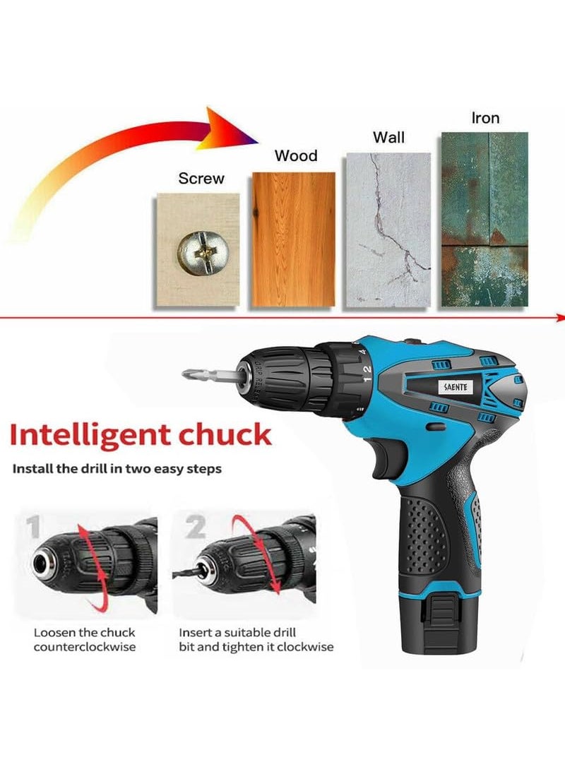 SAENTE - SAENTE 12V Liion Dual Speed Keyless Chuck Drill Cordless Drill Drill Driver Screwdriver with 2 Batteries LED Torch Variable Speed and Torque Setting 181 With Batteries - Image 1