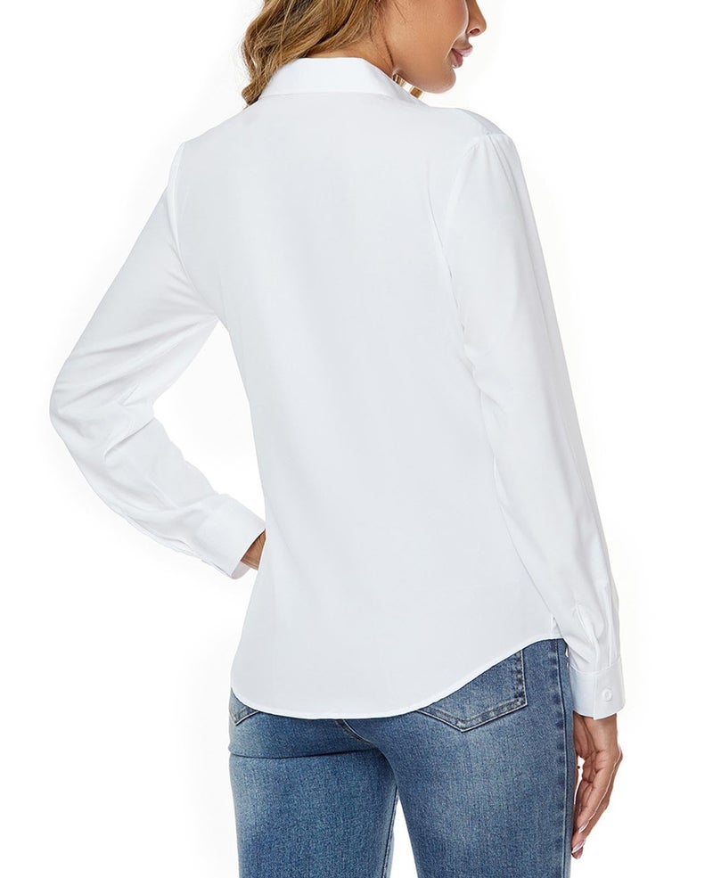 jonivey Womens Stretch Button Down Long Sleeve Shirt Soft Basic Wrinkle Free Work Business Formal Casual Blouse (White,L) - Image 4