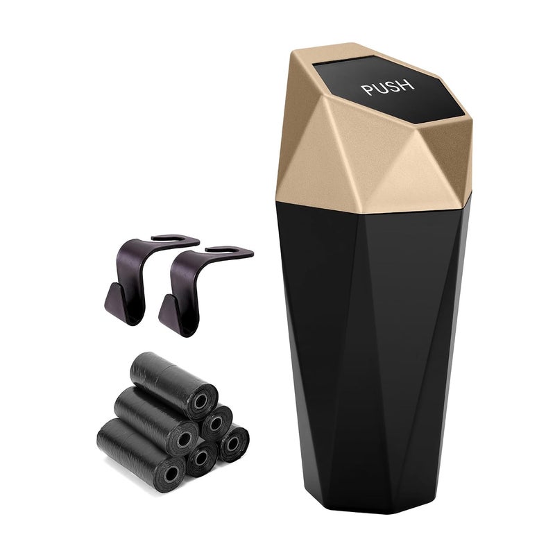 Ginsco Car Trash Can Cup Holder, 2 Pack Mini Car Trash Can with Lid, Car Accessories for Interior, Leakproof Small Trash Cup for Car, Home with Additional 2 ABS Hooks and 90pcs Trash Bags Golden - Image 2