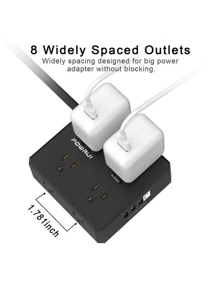 POWRUI Surge Protector Power Strip - 6 Ft Flat Plug Extension Cord with 8 Widely Outlets and 4 USB Ports(1 USB C), 3 Side Outlet Extender for Home Office, Black, ETL Listed - Image 5