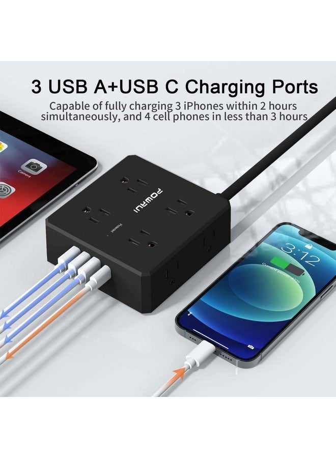 POWRUI Surge Protector Power Strip - 6 Ft Flat Plug Extension Cord with 8 Widely Outlets and 4 USB Ports(1 USB C), 3 Side Outlet Extender for Home Office, Black, ETL Listed - Image 3