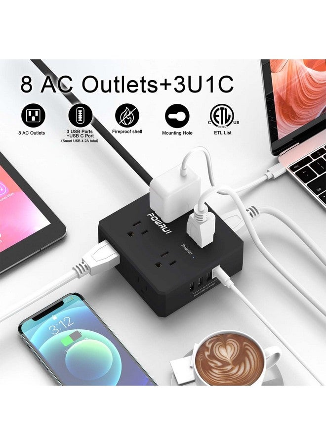POWRUI Surge Protector Power Strip - 6 Ft Flat Plug Extension Cord with 8 Widely Outlets and 4 USB Ports(1 USB C), 3 Side Outlet Extender for Home Office, Black, ETL Listed - Image 2