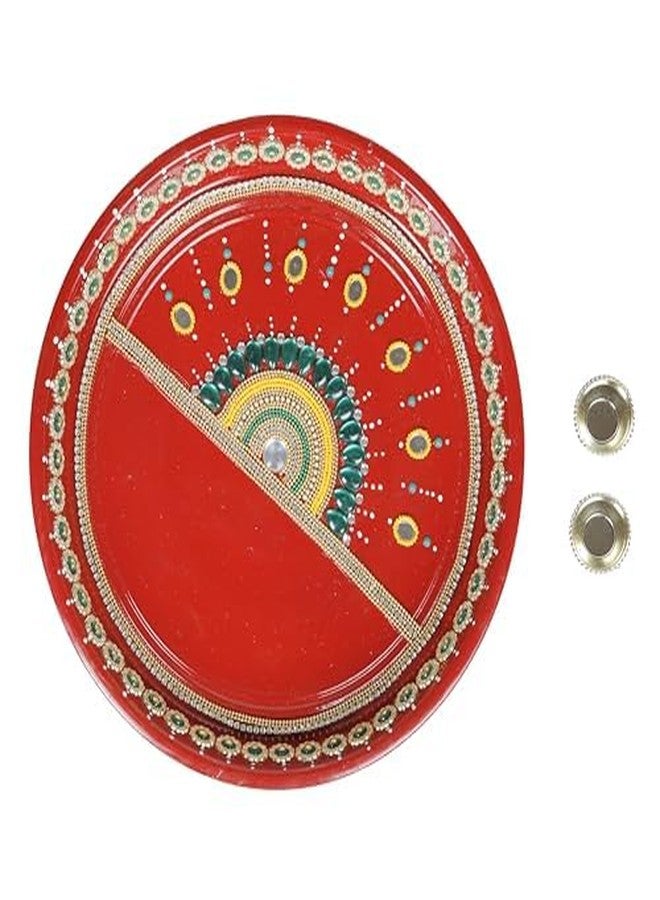 Aditri Creation Handcrafted Pooja Thali Platter Engagement Plate Decorative Stainless Steel Thali with Essential Pooja Article for Indian Traditional Karwachauth Navratri Festival Puja Item Decoration(Size-10")(Red) - Image 2