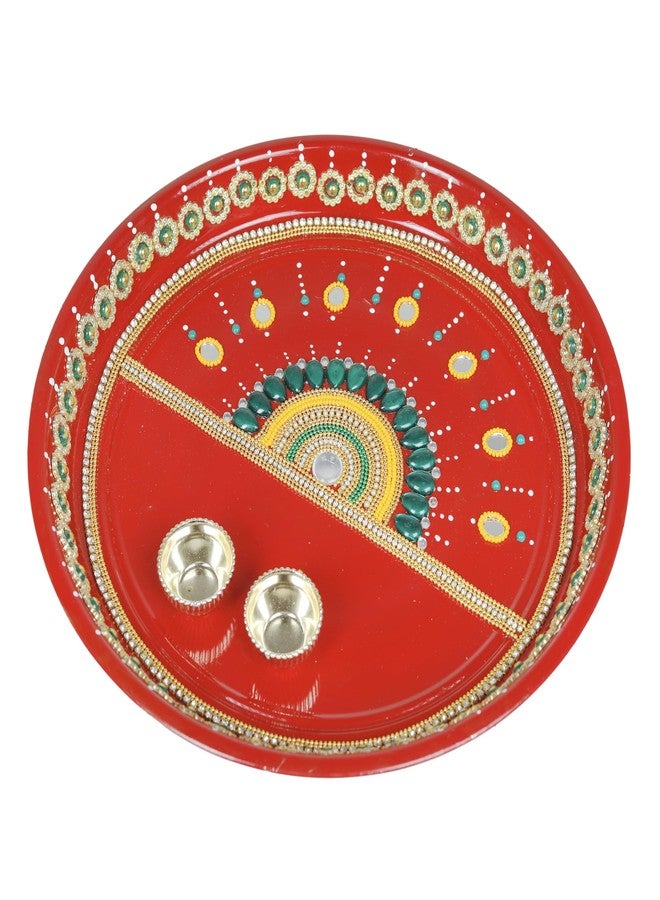 Aditri Creation Handcrafted Pooja Thali Platter Engagement Plate Decorative Stainless Steel Thali with Essential Pooja Article for Indian Traditional Karwachauth Navratri Festival Puja Item Decoration(Size-10")(Red) - Image 1