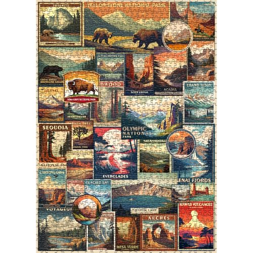 PICKFORU Vintage National Parks Puzzle for Adults 1000 Pieces Travel Poster Landscape Puzzle Including Yellowstone Zion Acadia Yosemite Nature Jigsaw Puzzles Scenery Mountain Scene - Image 1
