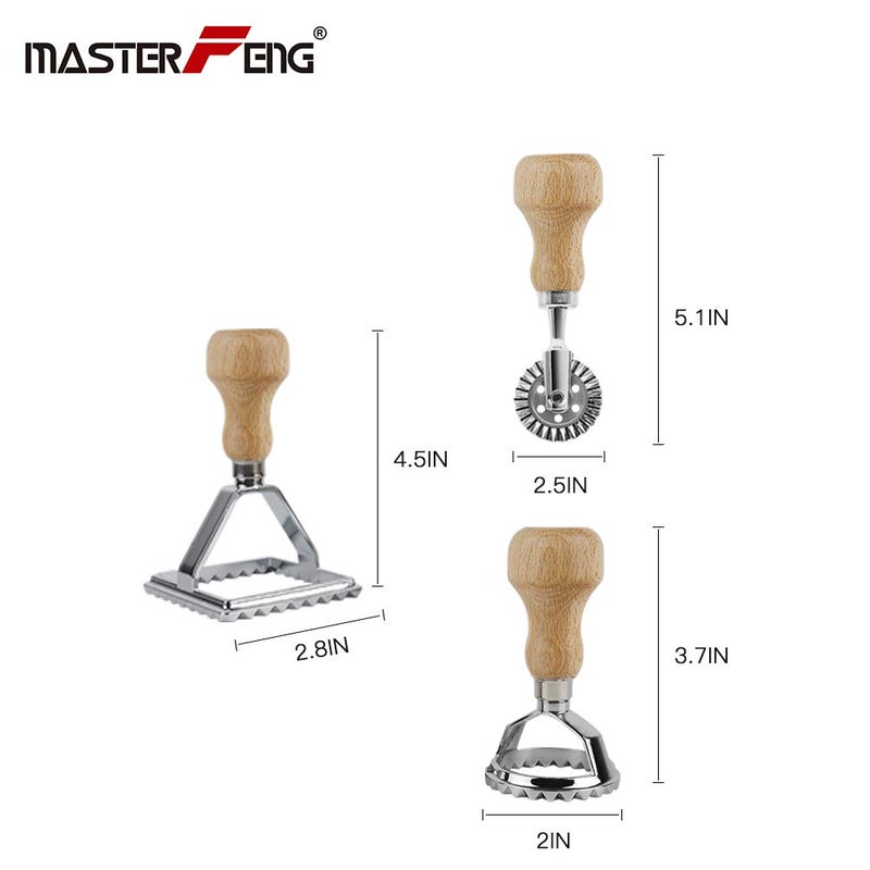 Master Feng Ravioli Stamp Maker Cutter With Roller Wheel Set  Mold With Wooden Handle And Fluted Edge  Pasta Press Kitchen Attachment (Mf-146) - Image 2