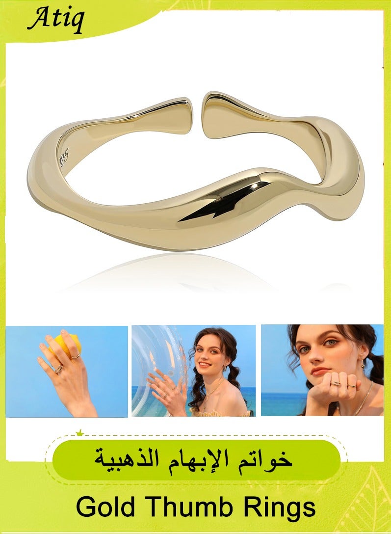 Atiq Gold Thumb Rings for Women Chunky Gold Rings Non Tarnish Sterling Silver Stackable Rings Size Adjustable Friendship Rings, Gold - Image 1