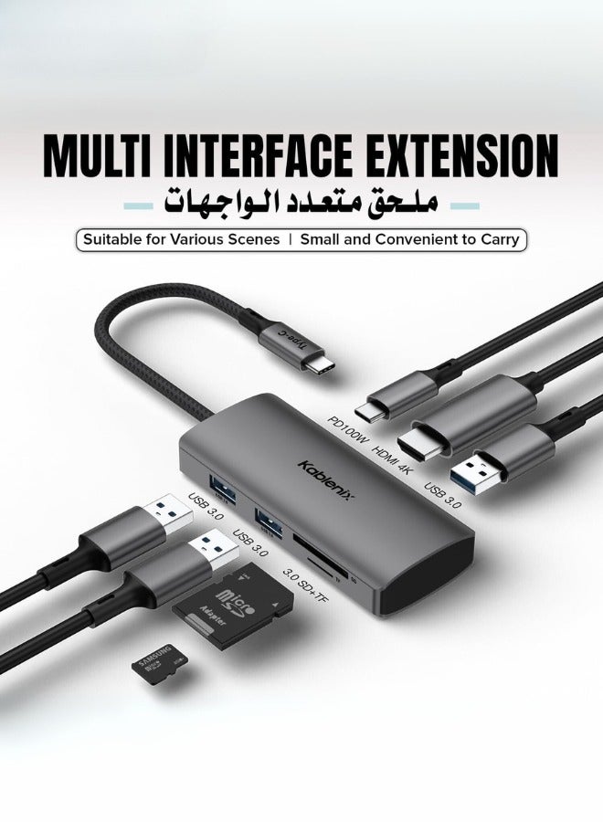 KABLENIX Type C in 7 Port HUB -HDMI 4K * 1 (4K 30Hz) -USB 3.0 AF * 3, Data Transfer Rate 5Gbps - USB Type C for Charging * 1, PD 100W - Card Reader for SD Card * 1, for TF Card * 1 (Read & Write SD Card & - Image 2