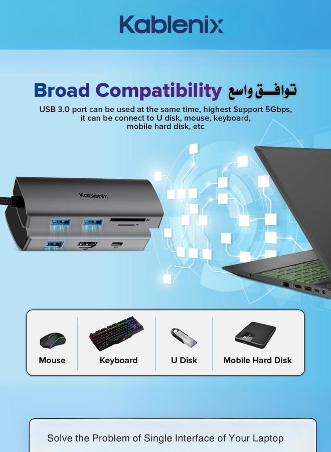 KABLENIX Type C in 7 Port HUB -HDMI 4K * 1 (4K 30Hz) -USB 3.0 AF * 3, Data Transfer Rate 5Gbps - USB Type C for Charging * 1, PD 100W - Card Reader for SD Card * 1, for TF Card * 1 (Read & Write SD Card & - Image 5