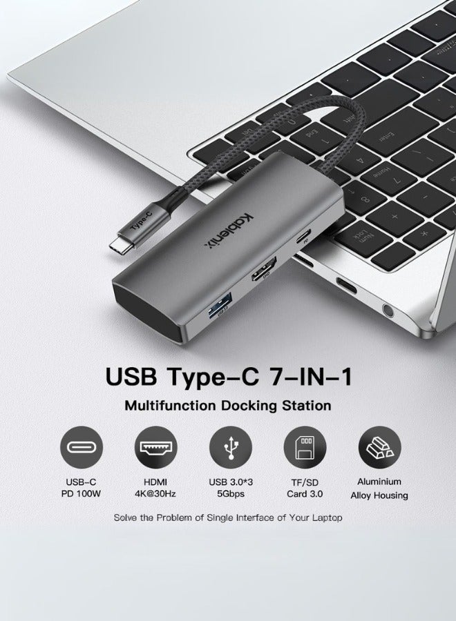 KABLENIX Type C in 7 Port HUB -HDMI 4K * 1 (4K 30Hz) -USB 3.0 AF * 3, Data Transfer Rate 5Gbps - USB Type C for Charging * 1, PD 100W - Card Reader for SD Card * 1, for TF Card * 1 (Read & Write SD Card & - Image 4
