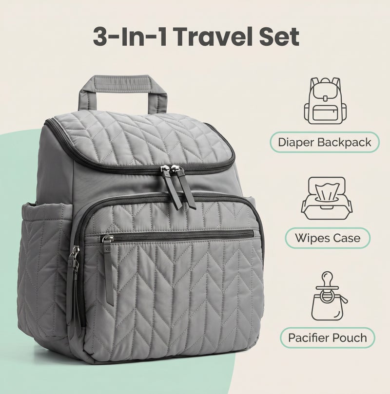 Bluejw Baby Diaper Bag and Travel Essentials Gift Set with Diaper Bag Wipes Case and Pacifier Pocket Grey - Image 2