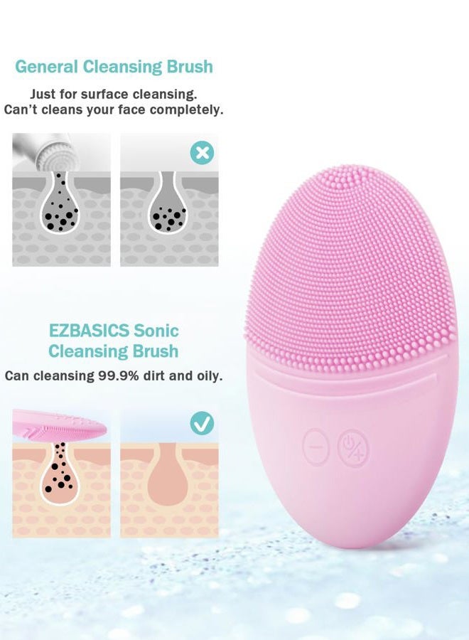EZBASICS Facial Cleansing Brush Made with Ultra Hygienic Soft Silicone, Waterproof Sonic Vibrating Face Brush for Deep Cleansing, Gentle Massaging, Inductive Charging (Pink) 1 Pack+5 Speed Settings - Image 3