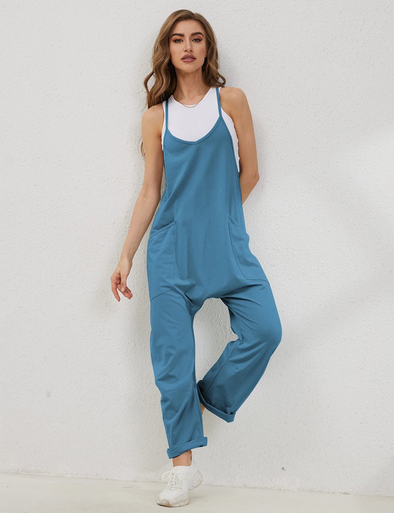 Lentta Women's Causal Jumpsuits V Neck Sleeveless Harem Overalls Stretchy Adjustable Strap Romper with Pockets(Navy-M) - Image 3