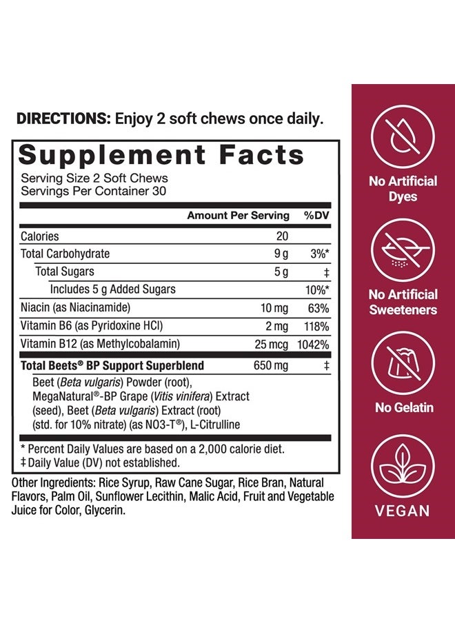 Total Beets Blood Pressure Support Supplements with Beet Powder, Great-Tasting Beets Chewables for Heart-Healthy Energy, and Increased Nitric Oxide, 60 Chews