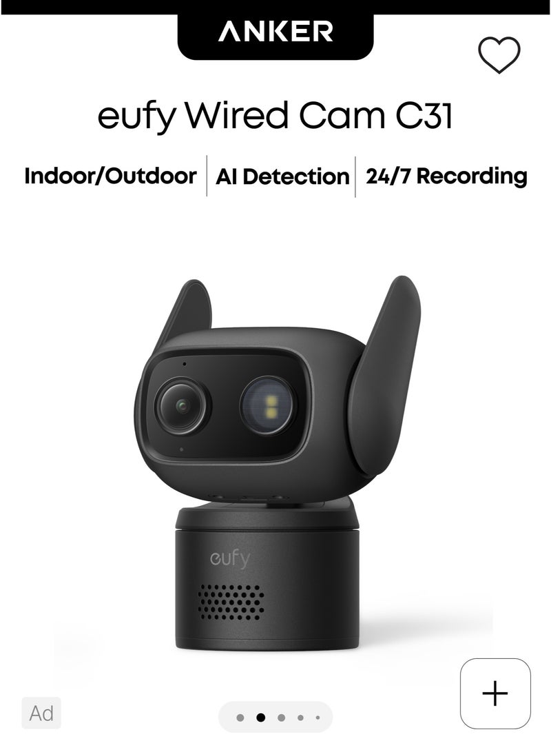 إيوفي eufy Wired Cam C31، تغطية 360° بتدوير وانحدار، داخل وخارج المبنى، هوائي مزدوج، رؤية ليلية ملونة، بدون اشتراك، اكتشاف ذكاء اصطناعي للأشخاص/المركبات/الحيوانات الأليفة/الصراخ، تسجيل 24 ساعة في اليوم و7 أيام في الأسبوع، أسود - Image 1