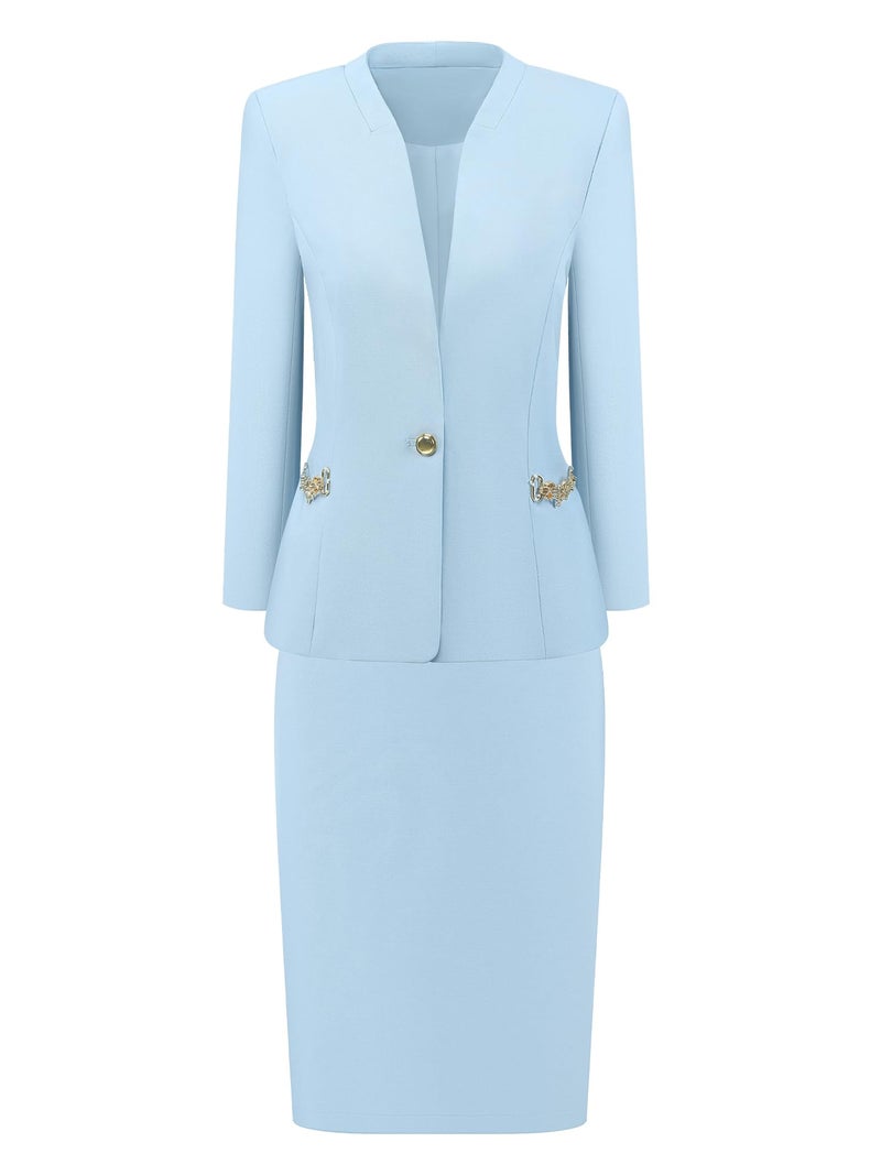 Hobemty Women's Skirt Suit Set 2 Piece Outfit 2026 Work Office Blazers and Pencil Skirts Medium Light Blue - Image 1