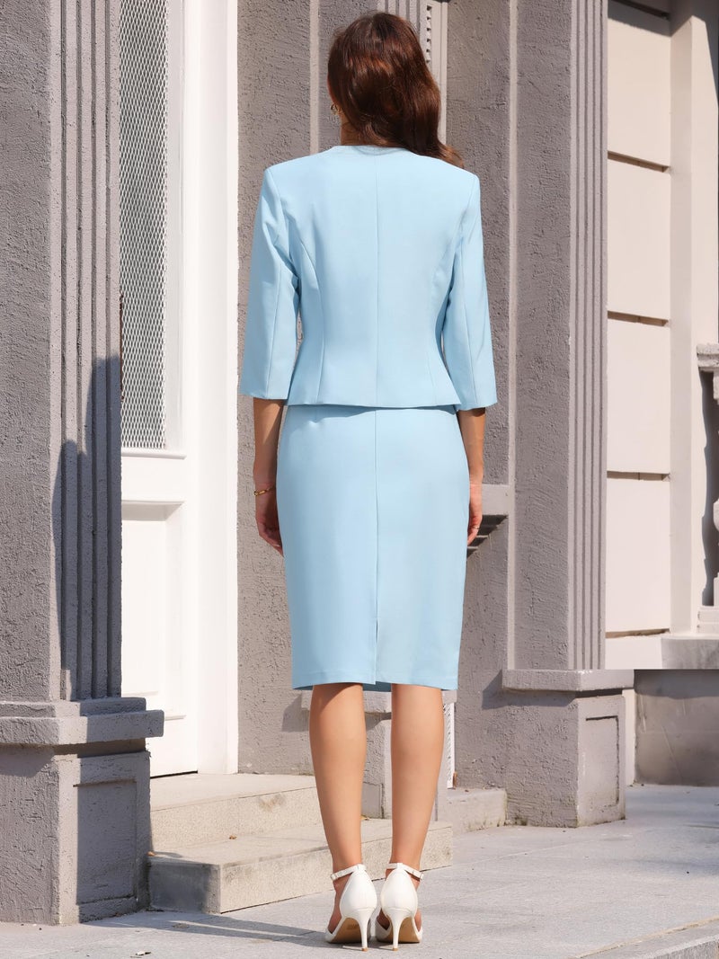 Hobemty Women's Skirt Suit Set 2 Piece Outfit 2026 Work Office Blazers and Pencil Skirts Medium Light Blue - Image 5