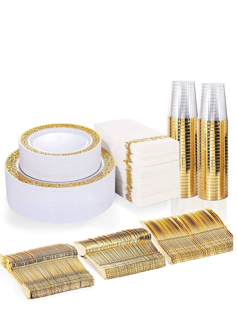 Cutlery Set 175 Pcs Upscale Wedding Dining Party Disposable Plastic Hollow-carved Party Dinnerware Supplies Plate Spoon Fork Knife Cup Tissue Party Tableware Suitable 25 Guests (Gold） - Image 1