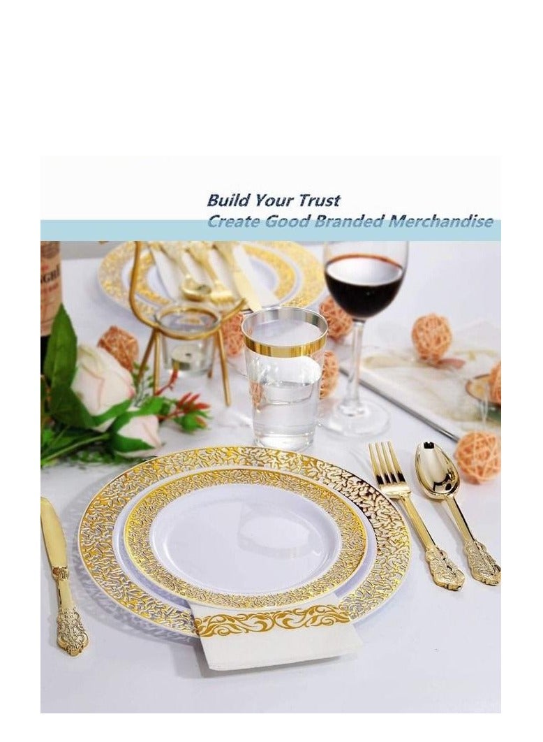 Cutlery Set 175 Pcs Upscale Wedding Dining Party Disposable Plastic Hollow-carved Party Dinnerware Supplies Plate Spoon Fork Knife Cup Tissue Party Tableware Suitable 25 Guests (Gold） - Image 2
