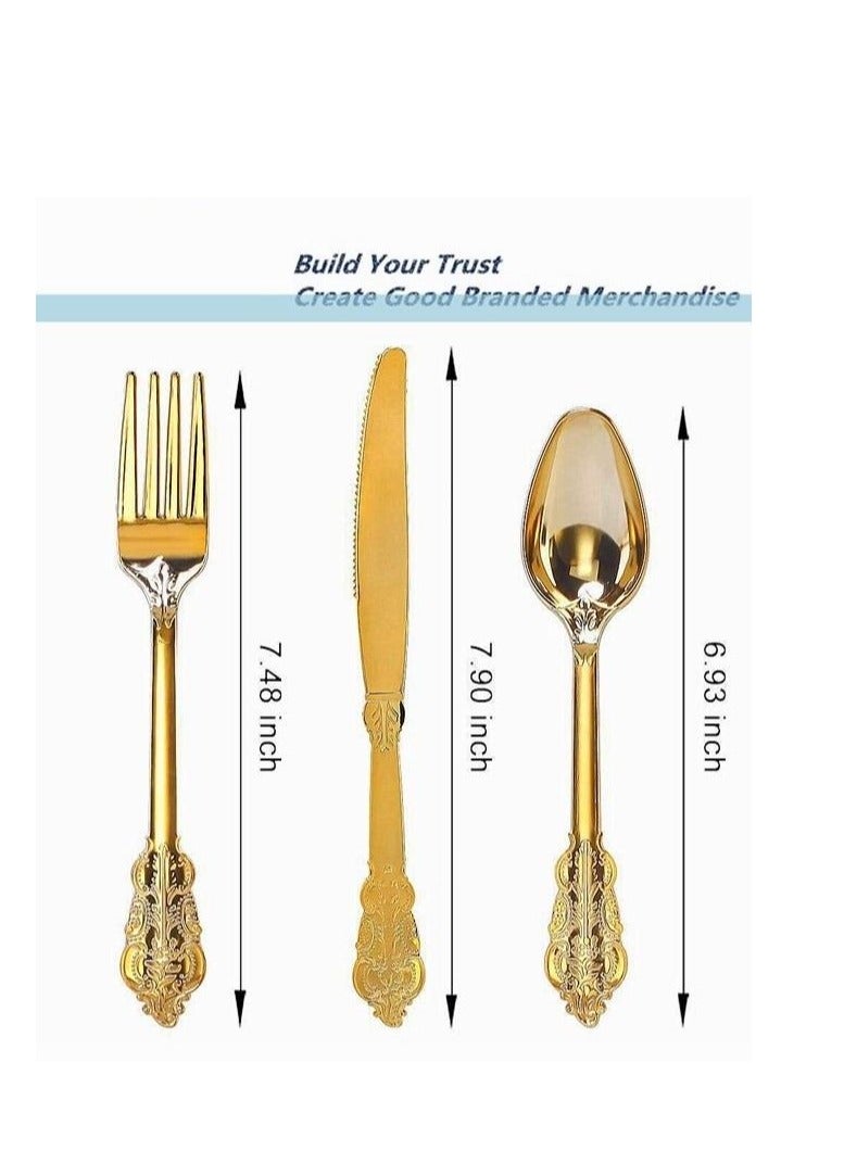 Cutlery Set 175 Pcs Upscale Wedding Dining Party Disposable Plastic Hollow-carved Party Dinnerware Supplies Plate Spoon Fork Knife Cup Tissue Party Tableware Suitable 25 Guests (Gold） - Image 4