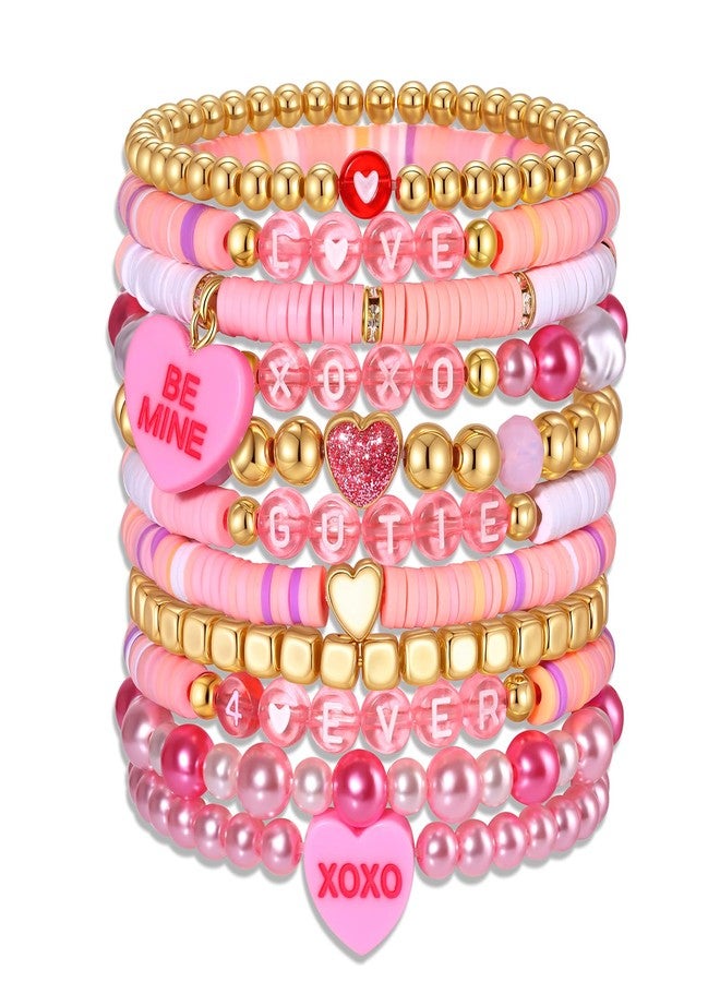 ARATLENCH Valentines Day Beaded Stackable Bracelets for Women Cute Red & Pink Conversation Candy Heart Clay Pearl Gold Beads Bracelet Set Boho Y2K Valentine Stretch Bracelets Jewelry Trendy (Valentines bracelets set A, 11) - Image 1