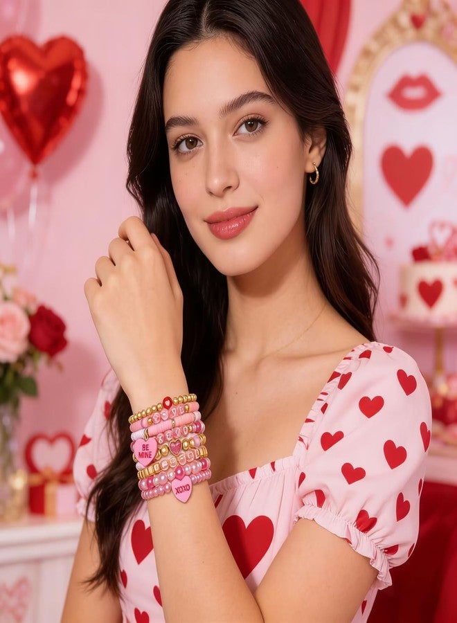 ARATLENCH Valentines Day Beaded Stackable Bracelets for Women Cute Red & Pink Conversation Candy Heart Clay Pearl Gold Beads Bracelet Set Boho Y2K Valentine Stretch Bracelets Jewelry Trendy (Valentines bracelets set A, 11) - Image 3