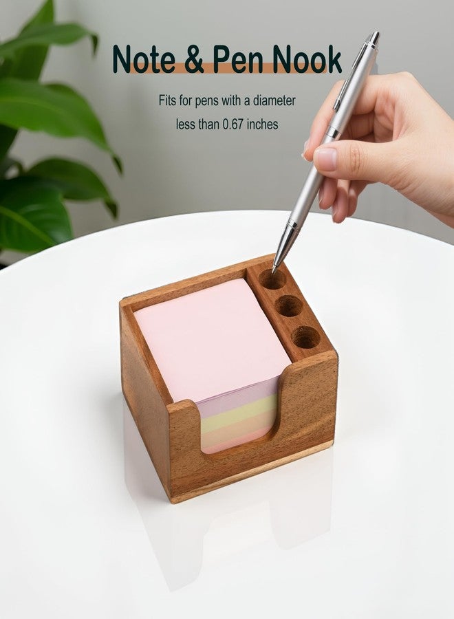 Chicvilla Acacia Wood Sticky Note Holder with 3 Pen Holders, 3x3 Post It Note Dispenser with Anti-Slip Pads, All-in-One Wooden Desk Organizer for Office Home School (4.0“x3.5"x2") - Image 4