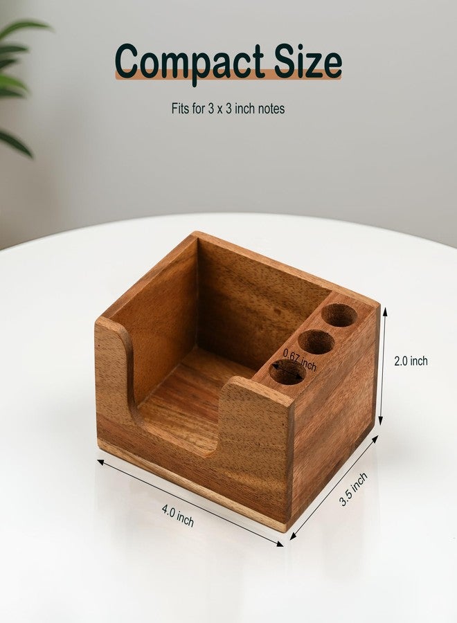 Chicvilla Acacia Wood Sticky Note Holder with 3 Pen Holders, 3x3 Post It Note Dispenser with Anti-Slip Pads, All-in-One Wooden Desk Organizer for Office Home School (4.0“x3.5"x2") - Image 3