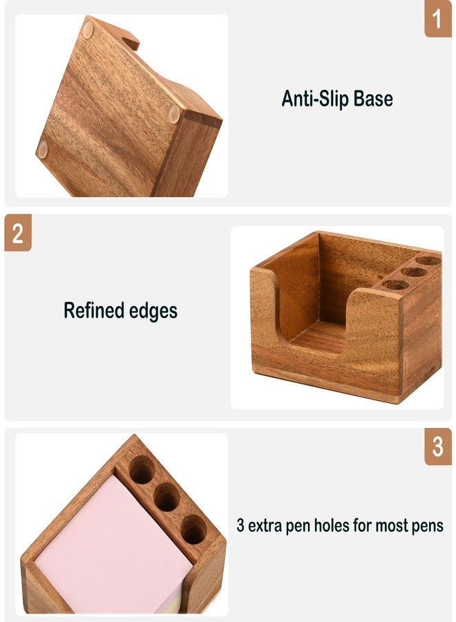 Chicvilla Acacia Wood Sticky Note Holder with 3 Pen Holders, 3x3 Post It Note Dispenser with Anti-Slip Pads, All-in-One Wooden Desk Organizer for Office Home School (4.0“x3.5"x2") - Image 2