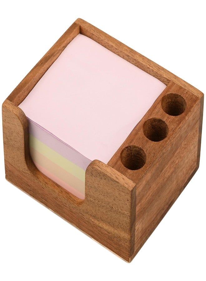 Chicvilla Acacia Wood Sticky Note Holder with 3 Pen Holders, 3x3 Post It Note Dispenser with Anti-Slip Pads, All-in-One Wooden Desk Organizer for Office Home School (4.0“x3.5"x2") - Image 1
