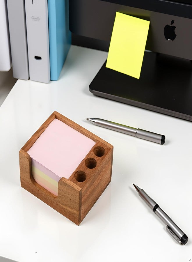 Chicvilla Acacia Wood Sticky Note Holder with 3 Pen Holders, 3x3 Post It Note Dispenser with Anti-Slip Pads, All-in-One Wooden Desk Organizer for Office Home School (4.0“x3.5"x2") - Image 5