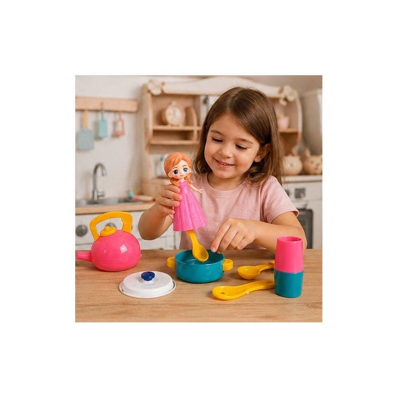 Little Helper | Play House Toys Kitchen Set for Young Players, Includes Pots, Pans, Kettle, Doll and Utensils, Pink and Teal - Image 4
