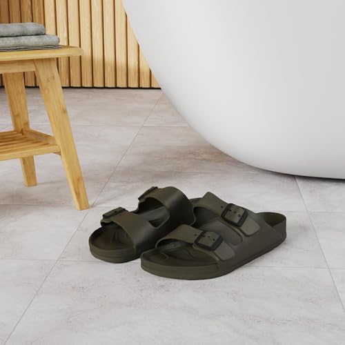 FUNKYMONKEY Women's Comfort Slides Double Buckle Adjustable EVA Flat Sandals (6 M US, Army Green/Sandals) - Image 2