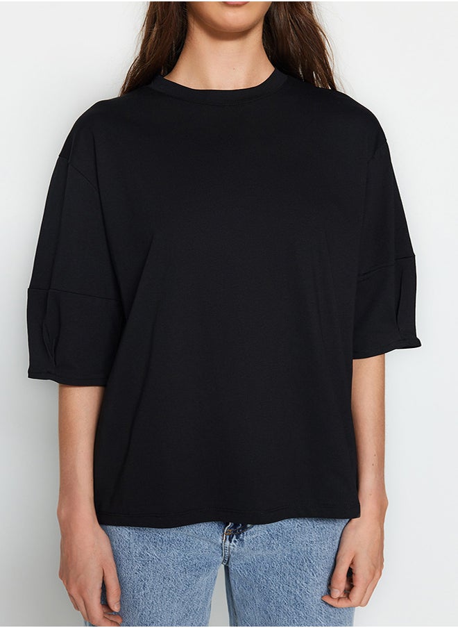 Black 100% Cotton Premium Oversize/Wide Fit Three Quarter Sleeve Knitted T-Shirt TWOAW24TS00001 - pzsku/ZD5ED64F730D6838C5398Z/45/_/1730940024/993c4de2-b2b6-4249-b244-d7c26de5ba24