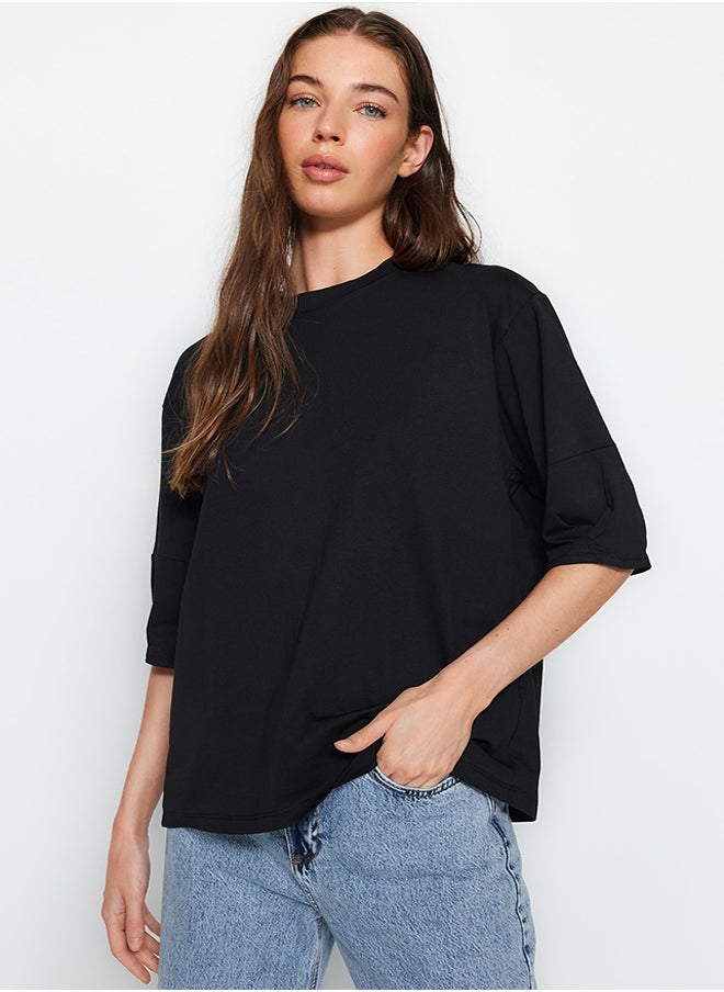 Black 100% Cotton Premium Oversize/Wide Fit Three Quarter Sleeve Knitted T-Shirt TWOAW24TS00001 - pzsku/ZD5ED64F730D6838C5398Z/45/_/1730940025/421574da-be45-4ddc-885e-2f58cf41e7c7