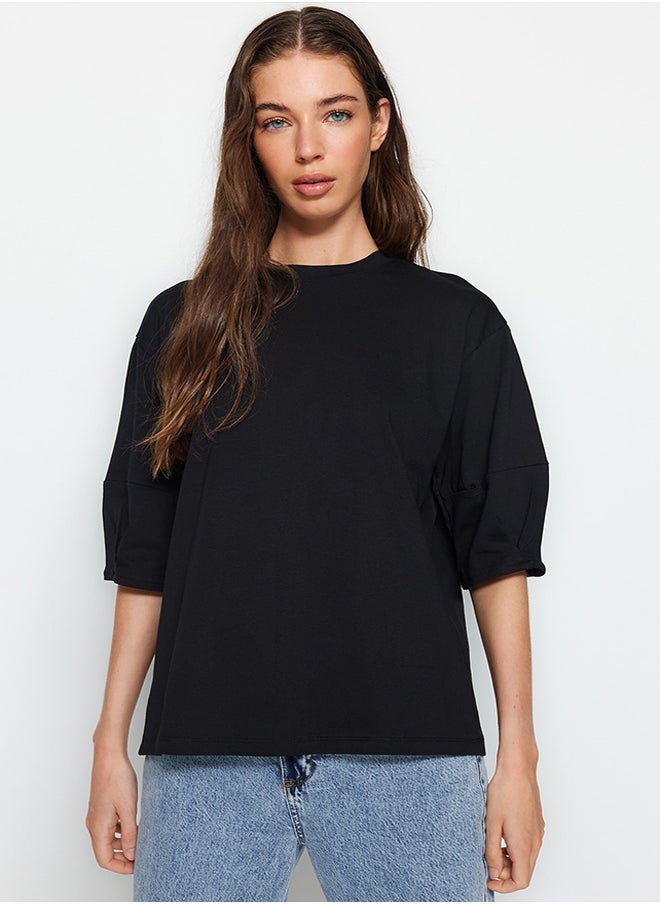 Black 100% Cotton Premium Oversize/Wide Fit Three Quarter Sleeve Knitted T-Shirt TWOAW24TS00001 - pzsku/ZD5ED64F730D6838C5398Z/45/_/1730940028/2aa41647-7824-4726-a016-020e99e41fd4