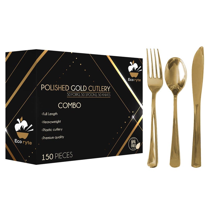 Ecoryte Premium HeavyDuty Gold Plastic Silverware Set  150pcs Includes 50 Forks 50 Knives 50 Spoons  Disposable  Reusable BPA Free 