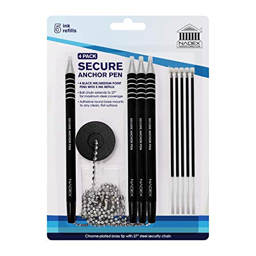 Nadex Ball and Chain Security Pen Set | 4 Pens, 1 Adhesive Mount, and 5 Refills (Black) - Image 1